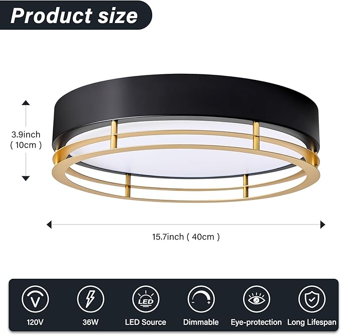 Dimmable Black and Gold Flush Mount Ceiling Light, Modern Round LED Ceiling Lights Fixture, Kitchen Flushmount Light for Bedroom Hallway Kitchen 2700 K-6000 K 5CCT