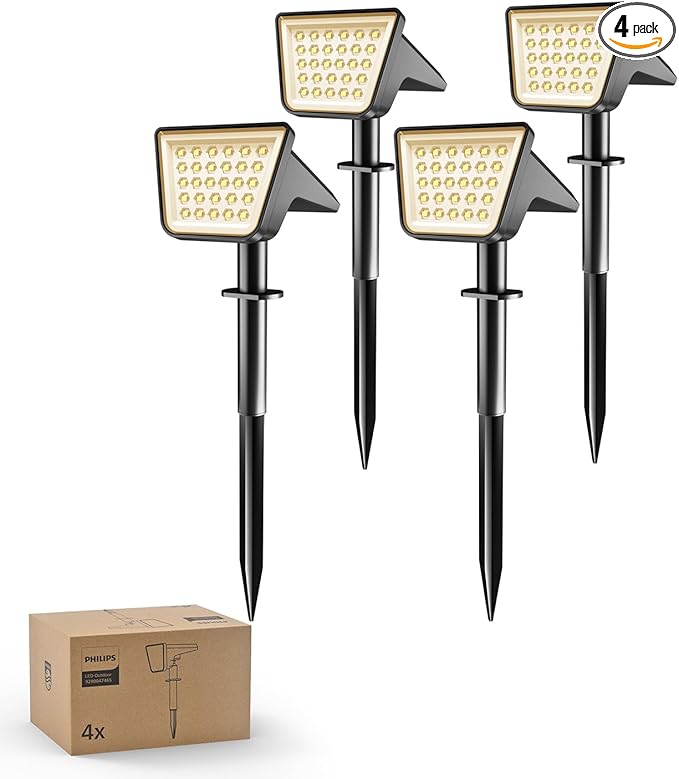 Philips 4 Packs Solar Spot Lights Outdoor Waterproof, 28 LED 3000K Solar Powered Landscape Pathway Lights, Dusk to Dawn Solar Spotlights for Garden, Yard, Lawn, Walkway, Driveway
