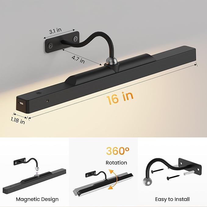Dimmable Cordless Picture Light with Controller and Timer, Rechargeable 5000mAh Battery Wall Sconce for Wall Pictures, 16in Wall Light for Gallery Artwork, Paintings, Phote, Portraits - Black