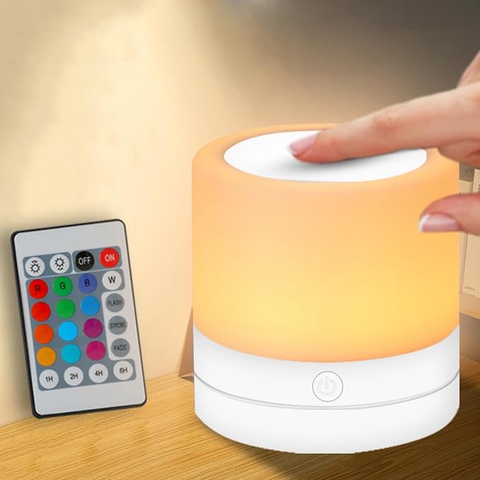 Nursery Night Light for Kids, USB Rechargeable Small Desk Lamp,13 RGB Colors & 4 Brightness & 1 Remote, Touch Bedside Cordless Table Lamp, Portable Night Lamp for Bedroom Living Room Home (White)