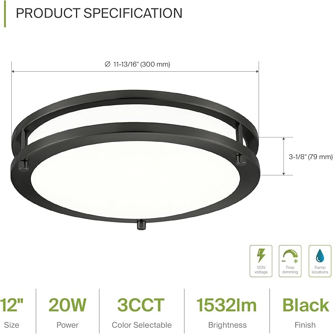 ASD LED 12" Round Flush Mount Lighting, Close to Ceiling Light Fixture | 3CCT, Dimmable, Energy Star, ETL Listed | 20W 1550LM 3000-5000K 120V | Low Profile Double Ring Lamp | Black