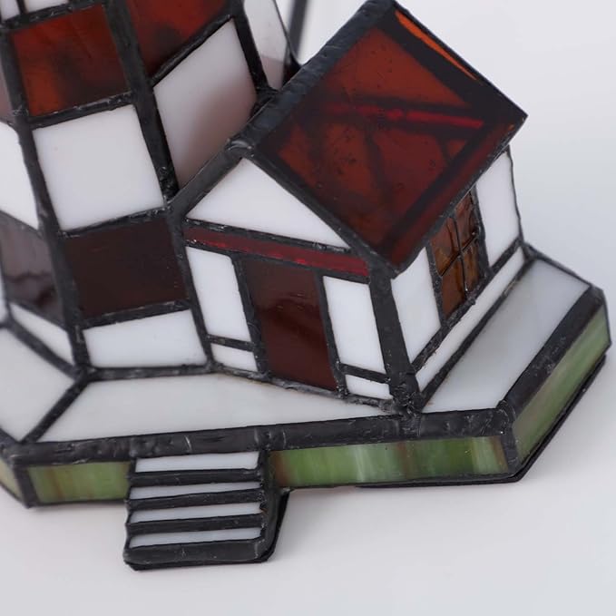 Bieye L10616 Lighthouse Tiffany Style Stained Glass Accent Table Lamp Night Light for Home Decoration (6x5x11, Amber)