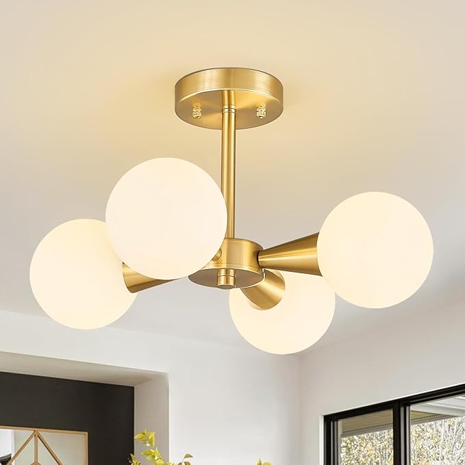 Mid Century Modern Ceiling Light with Milk White Glass lampshade Gold Semi Flush Mount Ceiling Light Fixture Sputnik Chandelier for Bedroom Living Room Dining Room Foyer Hallway(4-Lights)