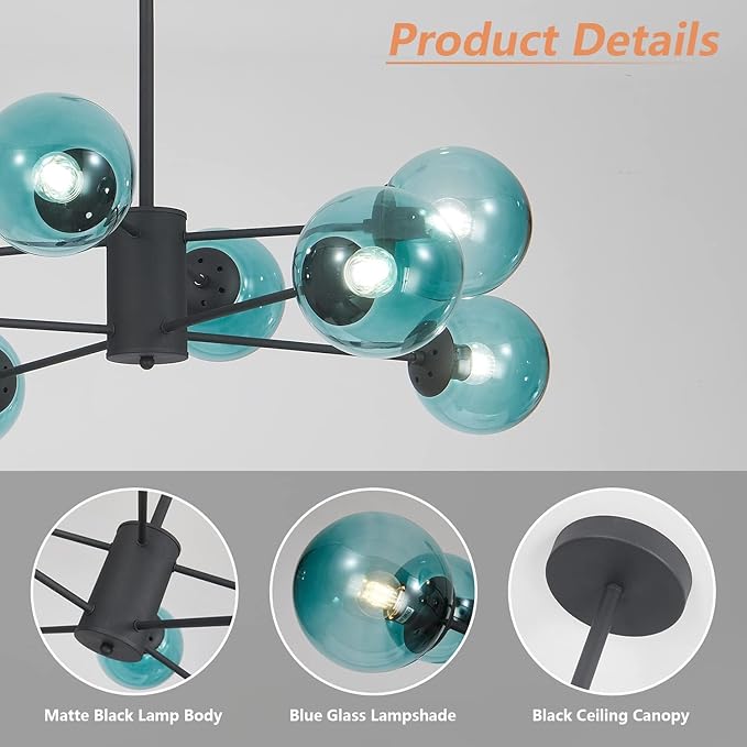 KCO Lighting Modern 8-Lights Blue Glass Sputnik Chandelier Mid-Century Matte Black Globe Flush Mount Chandelier Industrial Large Glass Ball Sputnik Chandelier Pendant Lamp (Black+Blue)