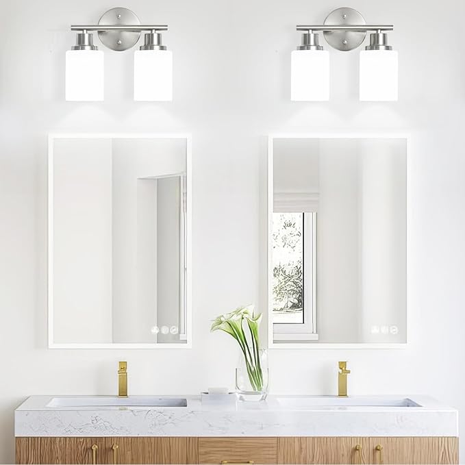 2-Light Vanity Lights, Brushed Nickel Bathroom Light Fixture with Striped Textured Milky White Glass Shade, E26 Modern Vanity Lighting Fixture for Bathroom Wall Sconce Light Over Mirror