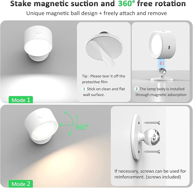 LED Wall Lights, Wall Lamp 3 Color Temperatures & Dimmable Magnetic 360° Rotation with Remote, Wall Sconces 2 Pcs with 3000mAh Rechargeable Battery, Cordless Wall Light for Reading Bedside Hallway