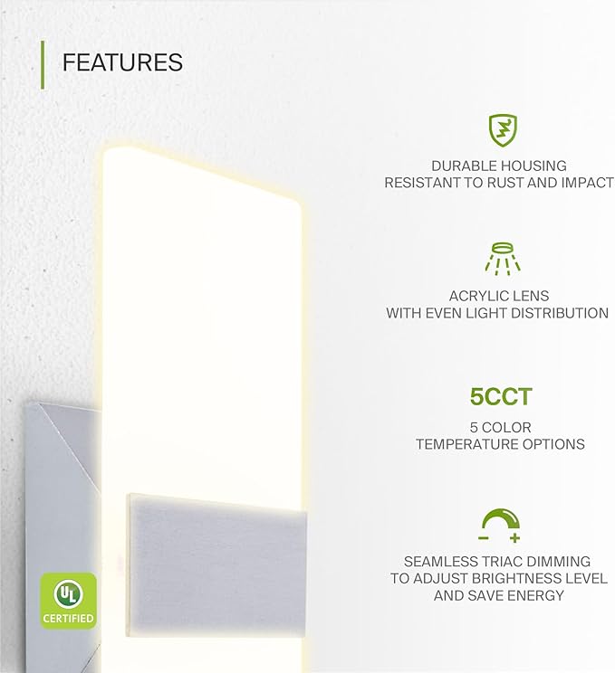 ASD LED Indoor Wall Mount Light Fixture - 12 Inch 12W Modern Interior Brushed Nickel Dimmable Wall Sconce Light - UL 2700K-5000K Adjustable - Hallway, Bedroom LED Wall Lights, Pack of 2