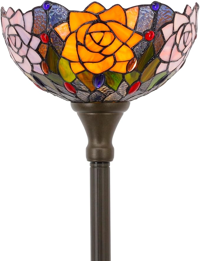 Tiffany Torchiere Floor Lamp Stained Glass Orange Red Rose Flower Style Standing Corner Torch Uplight 12X12X72 Inch for Bedroom Living Room Home Office