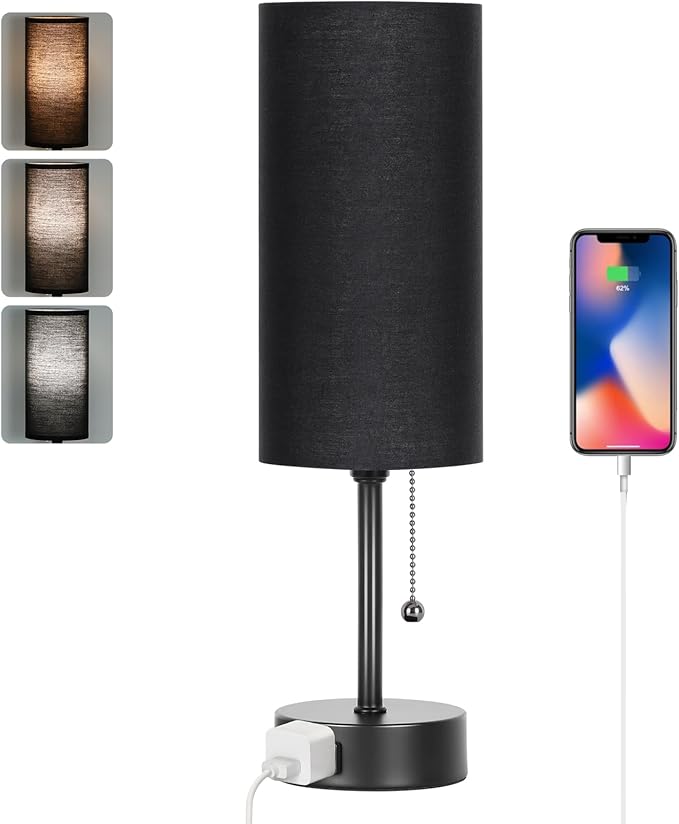 Dott Arts Table Lamp for Bedroom, 3-Color Bedside Lamps with Pull Chain, Bedroom Table Lamps for Nightstand,AC Outlet Small Lamp for Living Room, Bulb Included Black