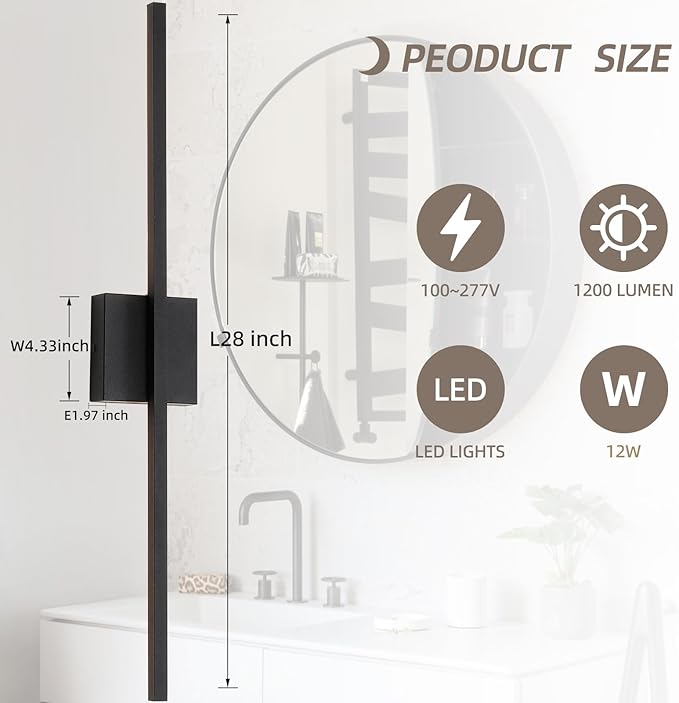 Wall Sconces Set of Two, 28 Inch Dimmable LED Wall Sconce Modern Black Sconces Set of 2 for Bathroom, Living Room, Bedroom, Hardwired 3000K (2 Pack)