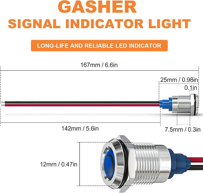 GASHER 5 PCS Energy Saving Indicator Light, LED Light 12V/24V/110V 20mA Panel Mount Light, Mounting Hole Size 12mm(1/2 inch) Blue LED (12V)