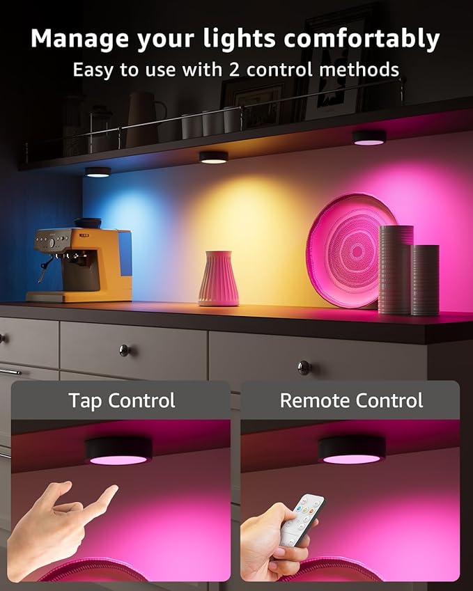 USB Rechargeable RGB Puck Lights with Remote, 2400mAh Color Changing Battery Powered Tap Light Classroom Magnetic Push light Stick On Closet lamp Wireless LED Shelf Lighting Under Cabinet Touch Lights
