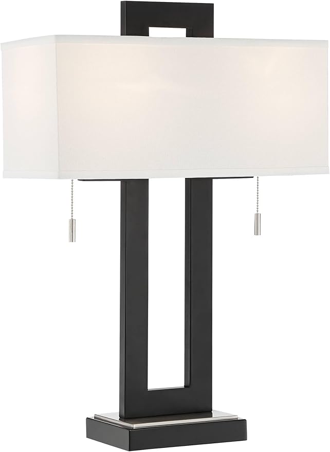 360 Lighting Neil 26" High Modern Rustic Table Lamp with USB Ports A+C Charging Black Open Metal White Fabric Rectangular Shade for Bedroom Living Room House Home Bedside Nightstand Office Family