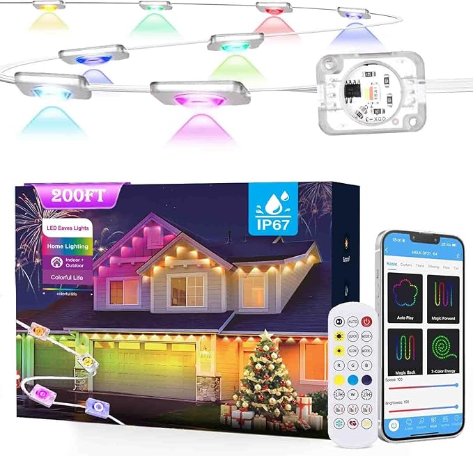 Permanent Outdoor Lights for House,200ft RGB+IC Smart Outdoor Decor, 50 Scene Modes,App/Remote Control,IP67 Waterproof,for Christmas,Halloween,Daily & Holiday Party Decor,House Roof Lighting