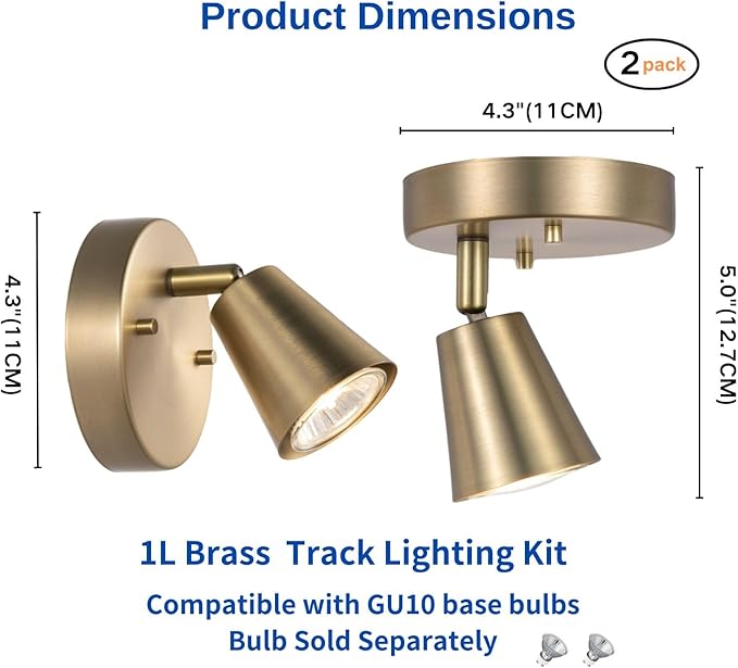 1-Light Track Light Modern Ceiling Spotlights with Matte Brass,2 Packs Adjustable Wall Mount Directional Spot Lights for Bedroom Living Room Hallway Kitchen