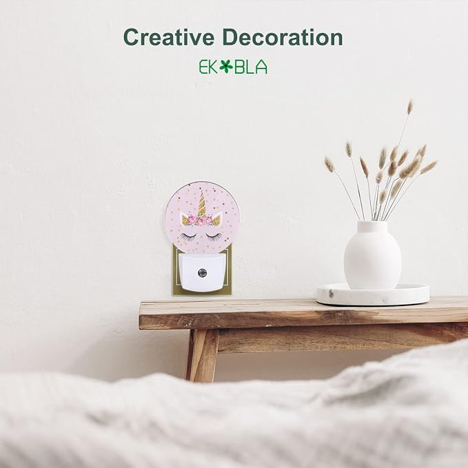 EKOBLA Unicorn Pink Night Light Gold Golden Polk Dots Stars Night Lights Plug into Wall with Dusk to Dawn Sensor Round LED Lamp for Teen Girls Fun Novelty Gift