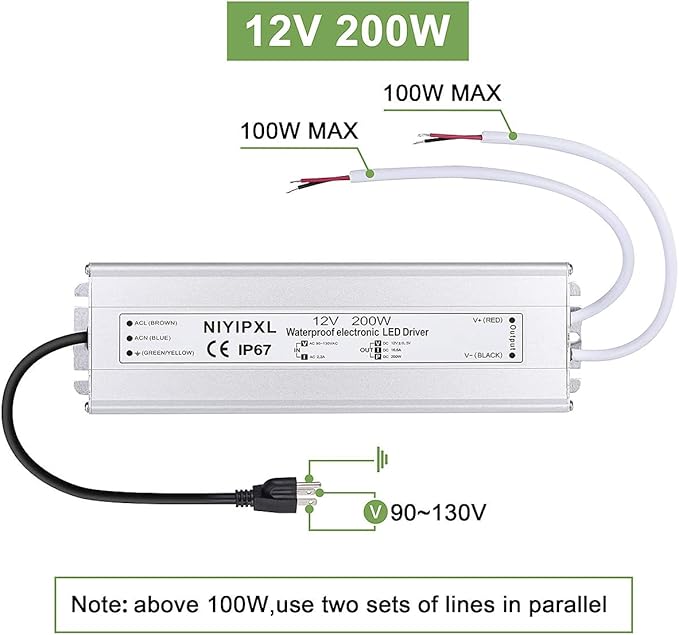 LED Driver 200 Watts Waterproof IP67 Power Supply Transformer Adapter 90V-130V AC to 12V DC Low Voltage Output with 3-Prong Plug 3.3 Feet Cable for LED Light, Computer Project, Outdoor Light