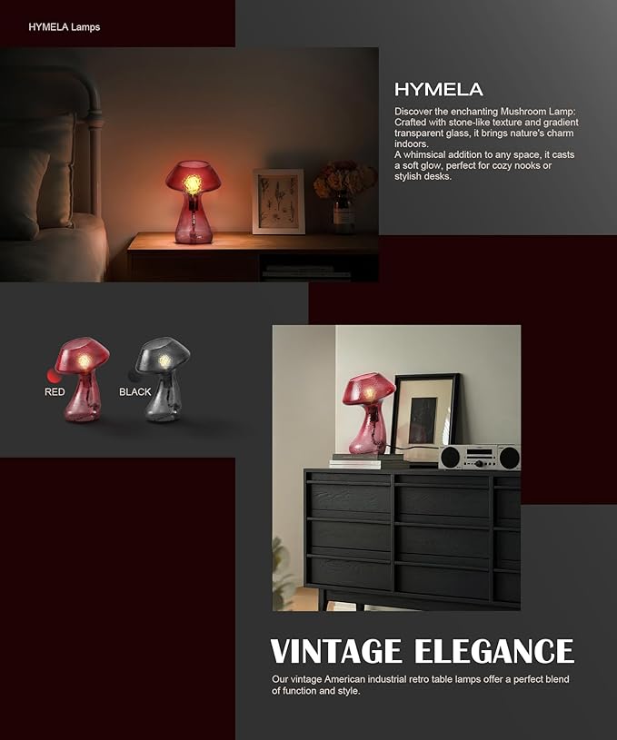 V06 Vintage Mushroom Table Lamp - Dimmable Nightstand Lamps with Clear Glass, Retro Red Bedside Lamp, Aesthetic Small Cute Nightlight for Bedroom, Living Room, Dining, Entryway, Bulb Included