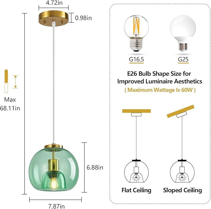 Light Green Glass Pendant Lights Kitchen Island Gold Hanging Light Fixture Glass Globe Pendant Light Modern Pendant Lighting for Kitchen Island Bedroom Dining Room (7.87", 2 Pack)