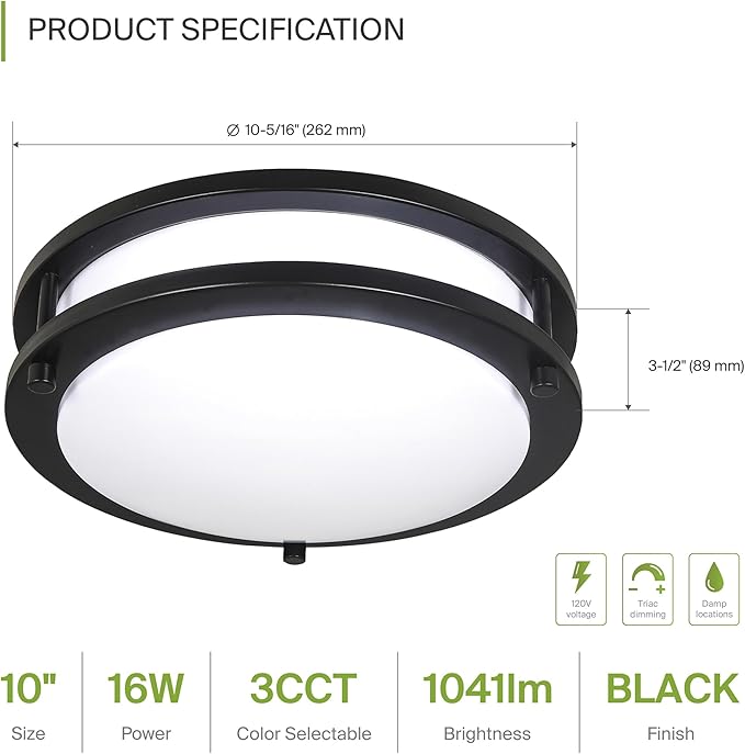 ASD LED 10" Round Flush Mount Lighting, Close to Ceiling Light Fixture | 3CCT, Dimmable, Energy Star, ETL Listed | 16W 1050LM 3000K-5000K 120V | Low Profile Double Ring Lamp | Black, 4 Pack