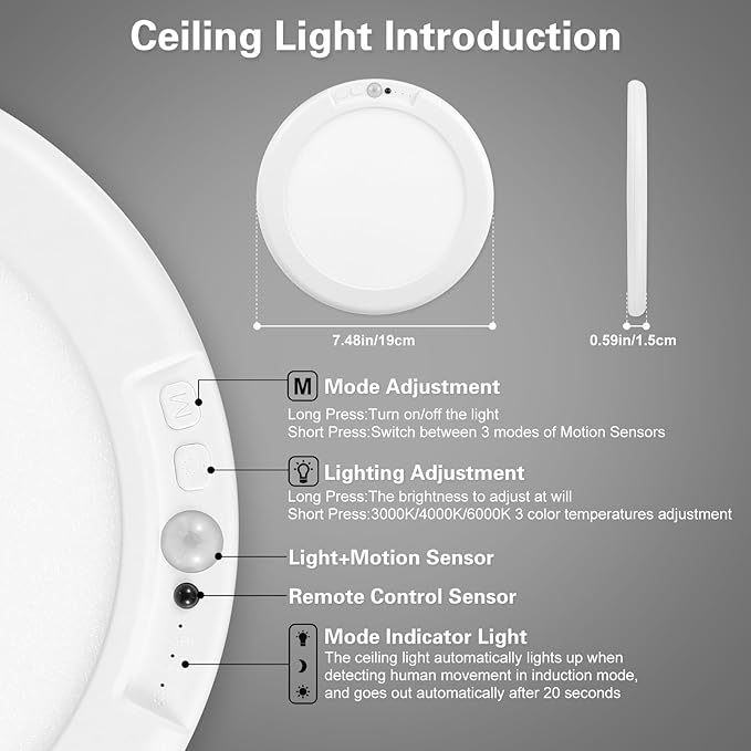 2 Pack Rechargeable Ceiling Light, Closet Lights Motion Sensored, Battery Powered Ceiling Light with Remote No Wiring, Wireless Ceiling Lights for Stairs, Garage, Hallway, Porch, Pantry, Shed