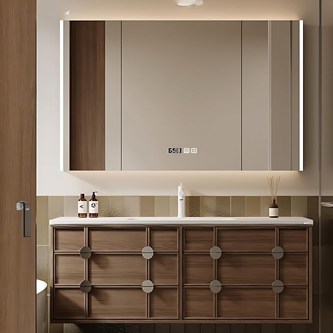 Bathroom Vanity - Wall Mounted Cabinet with 4 Drawers & Integral Ceramic Wash Basin | Smart Mirror Including LED Light Defogging (Style A, 56in)