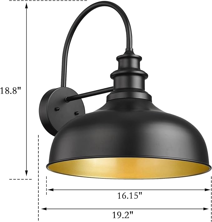 Bestshared Large Farmhouse Barn Lights 16 Inch Dome Outdoor Wall Lighting Fixture Industrial Vintage Sconces Lighting, Exterior Mount Light, Black Outdoor Wall Lantern for Porch (1Pack, Black+ Gold)
