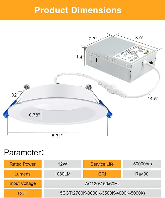 Adetu 4 Inch Anti-Glare LED Downlight,Dimmable Ceiling Light with 5CCT Reset,Selectable from 2700K to 5000K - 12W 1080LM, ETL Certified (White, 12 Pack Round)