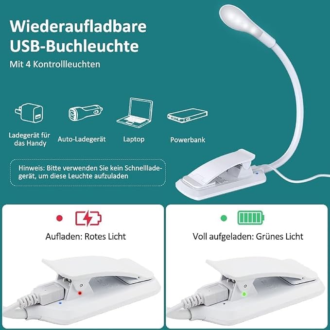 7 LED Book Light， USB Rechargeable Clip on Reading Light with Touch Sensor, 3 Light Colors (White/Warm/Mixed), Stepless Dimming Brightness，Clip Light in Bed,Mini Ultra Light Portable