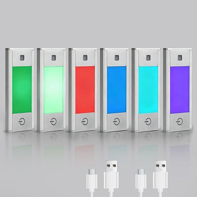 V4light RGB Motion Sensor Night Light, 6-Color Rechargeable Stair Lights, Magnetic Stick-On LED Bookshelf Light with Auto-Off, Touch Control, for Hallway, Stairs, Display Cabinet (6-Pack)