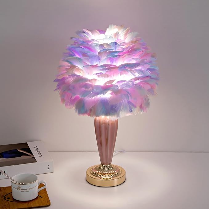 Colorful Feather Lamp Fluffy Table Lamp Furry Bedside Lamp Romantic Princess Lights Goose Feather Night Light for Bedroom Wedding Decor Valentines Dating Livingroom Hotel Office