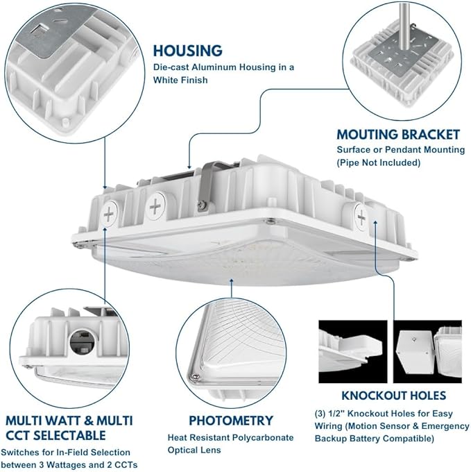 Konlite 63W/45W/30W LED Canopy Light - Selectable - 5000K/4000K - 9,360LM - Dimmable - 120-277V - 250W Equal, Residential & Commercial Indoor & Outdoor Light Fixture, UL, White