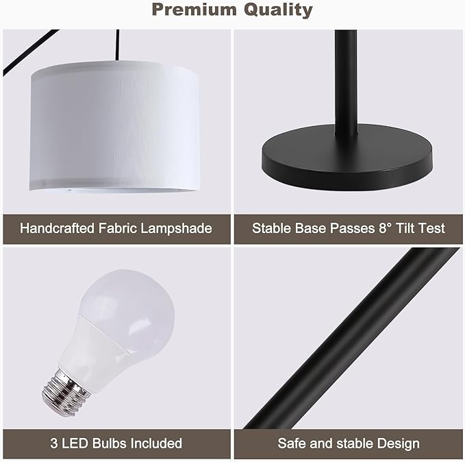 Floor lamp with Remote, 3 Light Arc Floor Lamps for Living Room, 2400LM Tall Standing Floor Lamps with White Shades, 80" Large Floor Lamp for Bedroom, Office