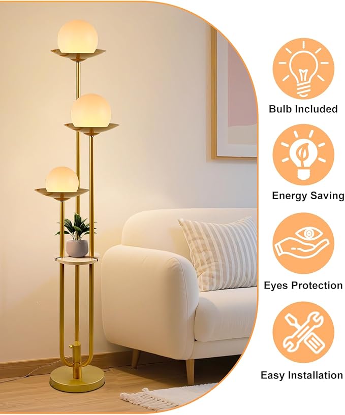 63IN Globe Floor Lamp with Shelf 3-Lights Modern Dimmable Floor Lamps with 3000K Soft Warm White Bulbs for Wedding/Party, Gold Tall Standing Lamp for Living Room/Bedroom