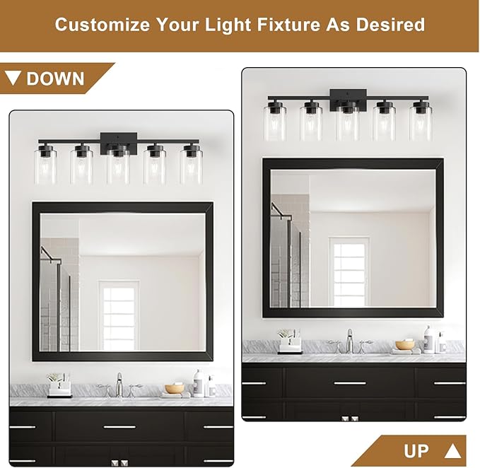 IZORRO Black Bathroom Vanity Light, 5-Light Vanity Lighting fixtures Over Mirror, Wall Lights with Clear Glass Shades, E26 Socket (Bulbs Not Included)