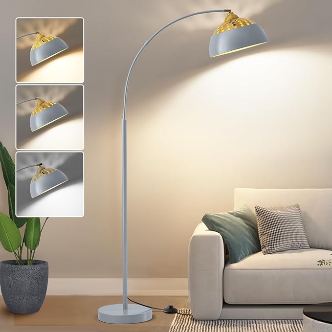 Arc Floor Lamps for Living Room, 71" Standing Lamp with Adjustable Lamp Head, Silver Metal Tall Lamps with Foot Switch, Arched Reading Light for Bedroom, 9W Adjustable Temperatures Bulb Included
