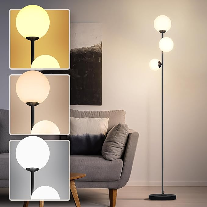 3 Globe Floor Lamps for Living Room, Mid Century Modern Standing Lamp with 3 Color Temperatures, Vintage Retro Tall Light with Frosted Glass Shades and LED Bulbs for Bedroom Office Corner (Black)