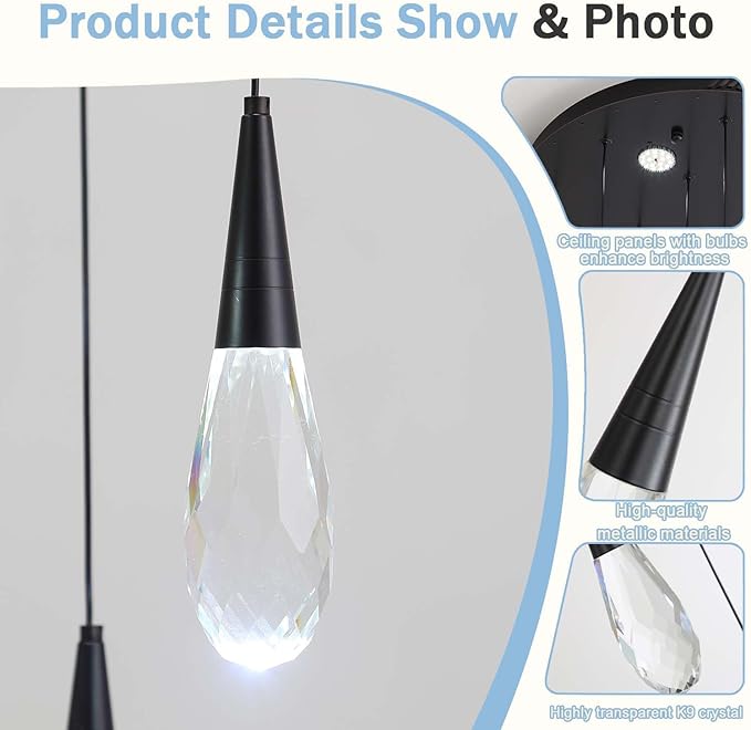 H118 Chandeliers for High Ceiling Black Modern Crystal Pendant Light 12-Lights Crystal Raindrop Chandelier for Living Room Staircase Villa