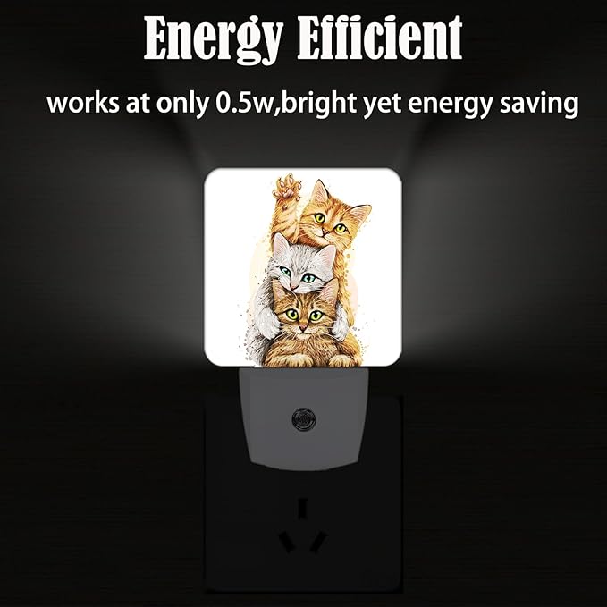 Three Cute Kittens Night Light,Plug Into Wall for Boys Girls Bedroom Decorative Square Night Light Lamp 0.5w Sleep Friendly