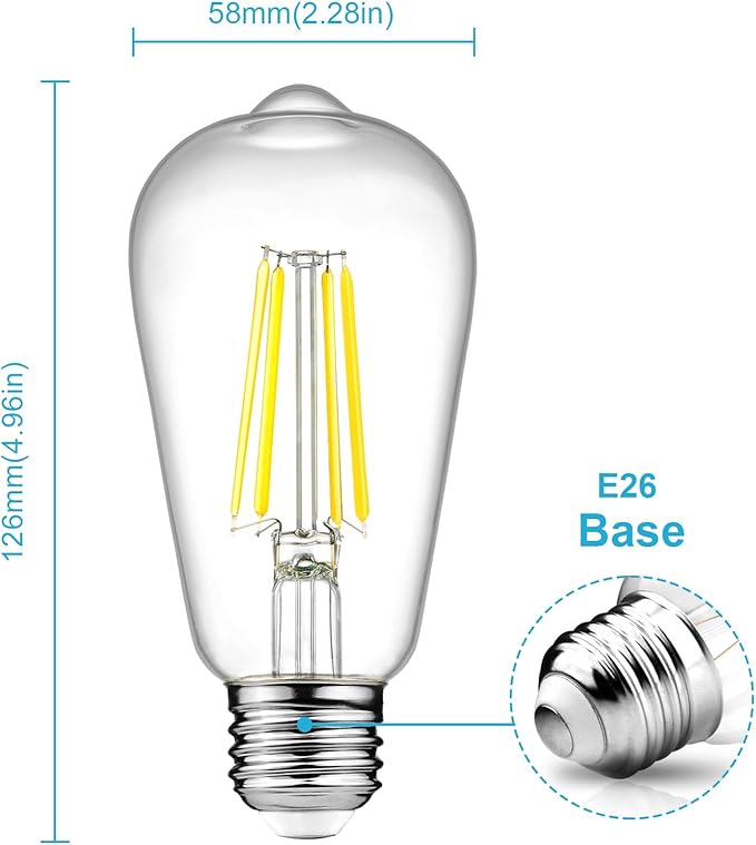 Ascher Dimmable Vintage LED Edison Bulbs, 6W, Equivalent 60W, Bright Cool White 4000K, 80+ CRI, ST58 Antique LED Filament Bulbs, E26 Medium Base, Clear Glass, Pack of 4