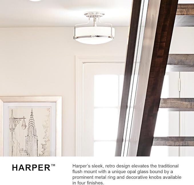 Hinkley Harper 3643CM Large Semi-Flush Ceiling Light - Sleek, Retro Style - Chrome + Etched Opal Glass