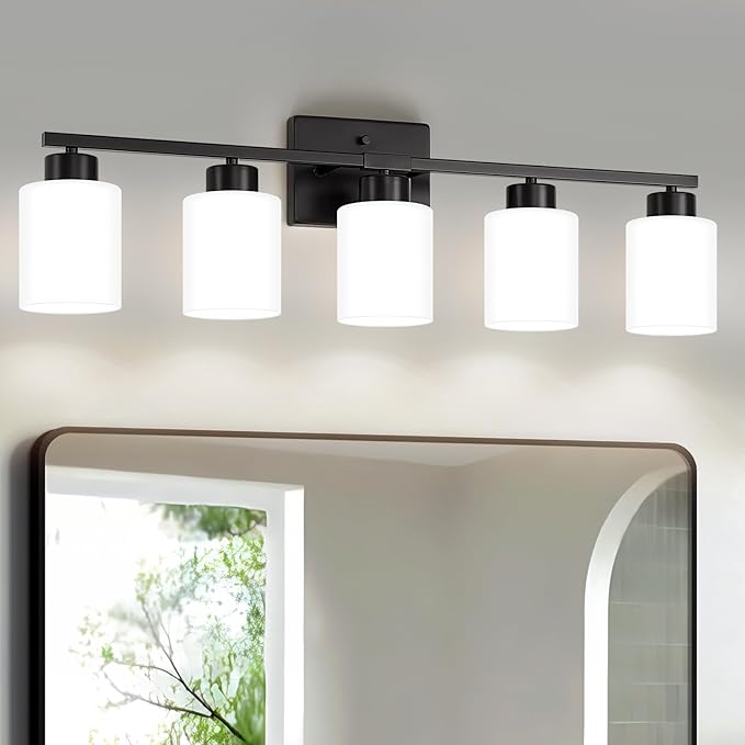 Black Bathroom Light Fixtures, 5-Light Modern Vanity Light Over Mirror, Wall Sconces with Milky White Frosted Glass Shades, E26 Socket (Bulbs Not Included)