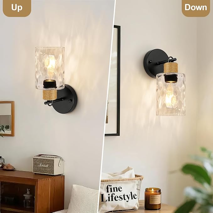 Set of 2 Wall Sconces for Bathroom, Coastal Modern Vanity Lights with Clear Glass Shade, Black Bathroom Wall Lamp for Mirror Kitchen Living Room Hallway Cabinet Porch