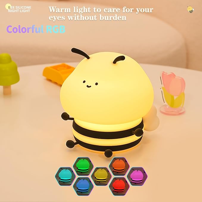 Cute Bee Kids Night Light, LED Squishy Night Lamp, Dimmable Nursery Nightlight for Kids, Rechargeable Timer Touch Lamp, Dorm Decor, Funny Gifts (Bee)
