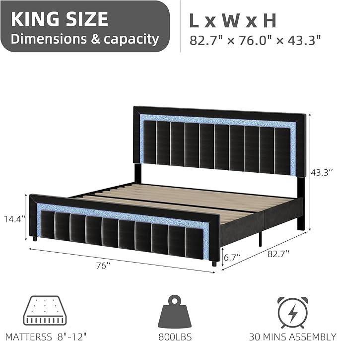 HOMBCK Bed Frame King with LED Lights and Velvet Upholstered Headboard, King Size Bed Frame with Modern Diamond Headboard Adjustable, Wooden Slats Support, Noise Free, No Box Spring Needed, Black