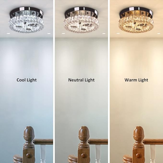 Finktonglan 10.6" LED Crystal Chandelier - Semi-Embedded Ceiling Light with K9 Crystals, Dimmable Light, Stainless Steel, 120V for Living Room, Dining Room, Kitchen, Bedroom, Hallway