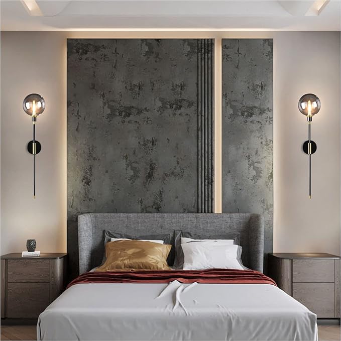 KCO Lighting Modern Glass Globe Wall Sconce Light Set of Two Brass and Black Large Light Contemporary Smoke Glass Hallway Long Sconce Wall Light Set of 2