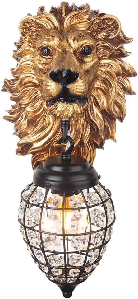 Lion Head Wall Decor Sconces Wall Lighting Retro Baroque Crystal Sconce Gold Luxury Wall Lights Fixtures for Living Room Bedroom Bedside Stairs Bathroom Mirror Headlights Lamp, E26 (B)