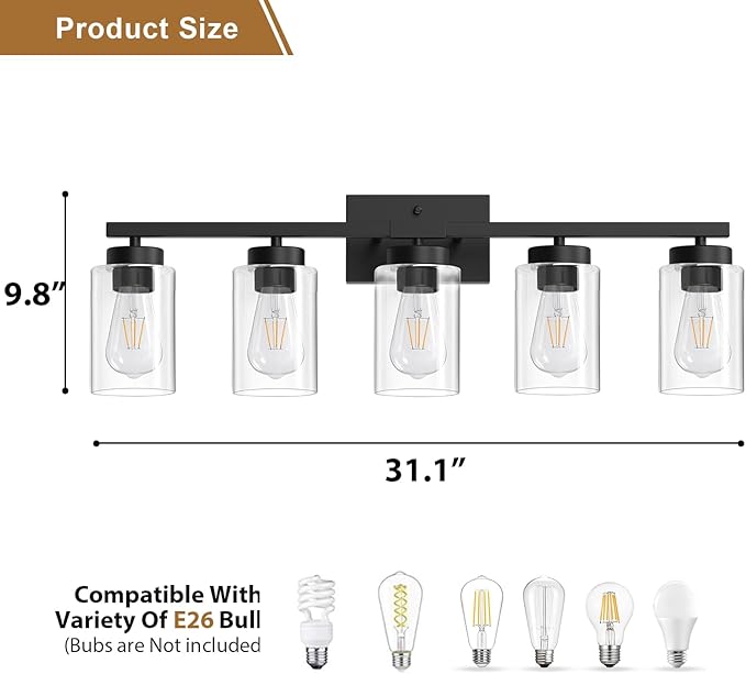 IZORRO Black Bathroom Vanity Light, 5-Light Vanity Lighting fixtures Over Mirror, Wall Lights with Clear Glass Shades, E26 Socket (Bulbs Not Included)