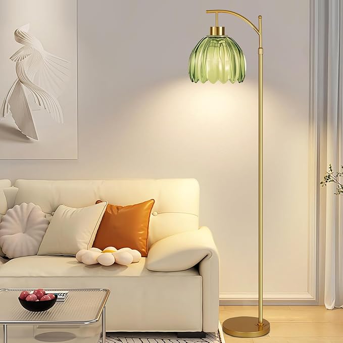 Green Floor Lamp for Living Room,Bedroom,Gold Dimmable Standing Lamp with Remote,Mid Century Modern Brass Tall Lamp Boho Floor Lamps Arc Stained Glass Flower Light Bohemian